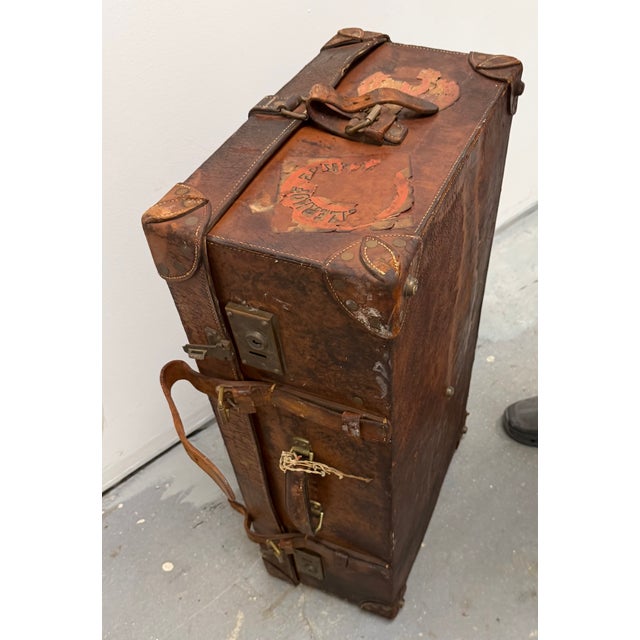 Antique Early 20th Century Leather Moynat Paris Luggage Trunk With Cruise Line Stickers For Sale - Image 14 of 17