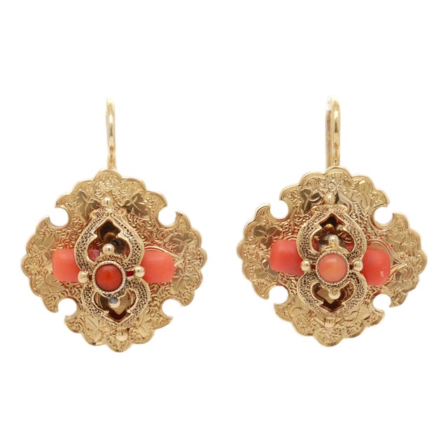 Antique Victorian 14k Gold & Red Coral Earrings For Sale