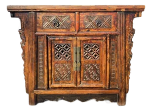 Antique Chinese Shanxi Province Winged Cabinet With Unique Carvings