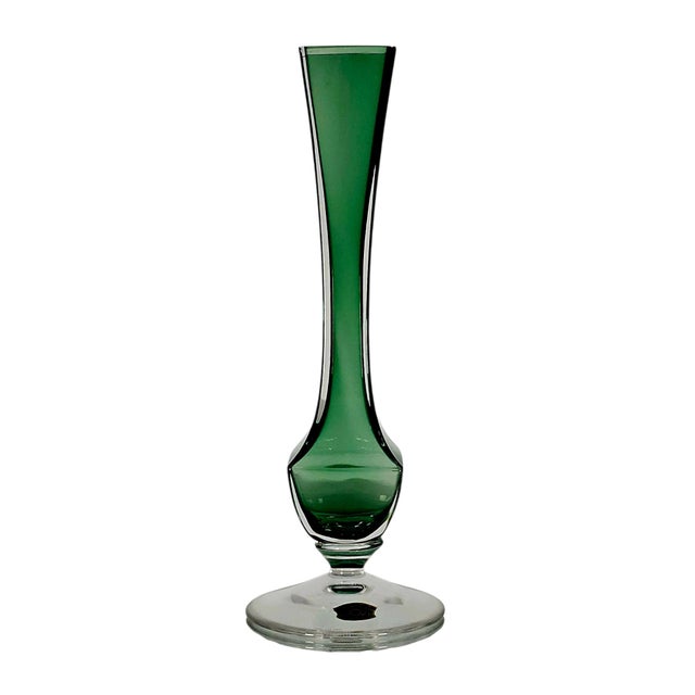 Mid-Century Modern Signed Val Saint Lambert Emerald Green Cased Crystal Fluted Vase, Belgium 9.5" For Sale - Image 3 of 13