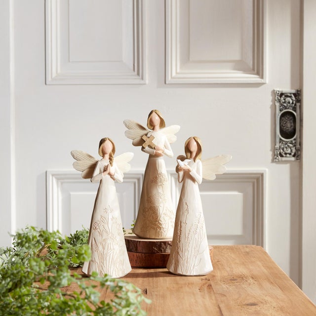 Modern Beige Floral Etched Angel Figurine (Set of 3) For Sale - Image 3 of 6