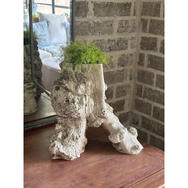 Vintage faux bois concrete planter that has been hand-sculpted to resemble a weathered tree stump, the piece features...