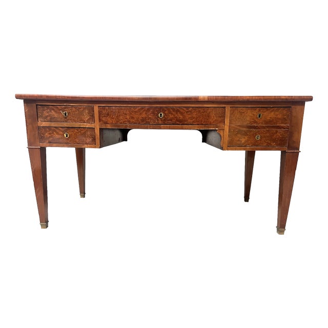 Louis XVI Style Flat Desk in Mahogany and Veneer, 19th Century For Sale