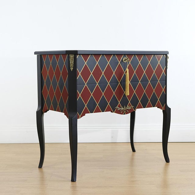 Mid-Century Gustavian Chest with Hand Painted Harlequin Pattern in Off-Black, Dark Red and Gold Leaf, 1950s For Sale - Image 6 of 8