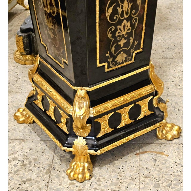 French Black Wood Pedestal With Bronze Accents, Gold Leaf Details & Marble Top For Sale - Image 3 of 6