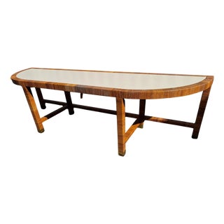 Vintage Demilune Laminate Top Rattan and Brass Console Table For Sale