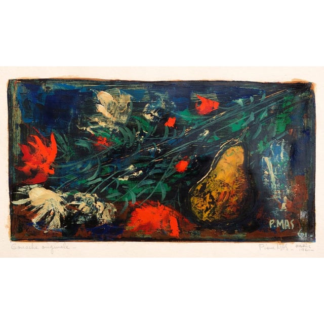 Original French mid-century gouache by Pierre MAS, created and signed in Paris in 1961. This expressive still life centers...