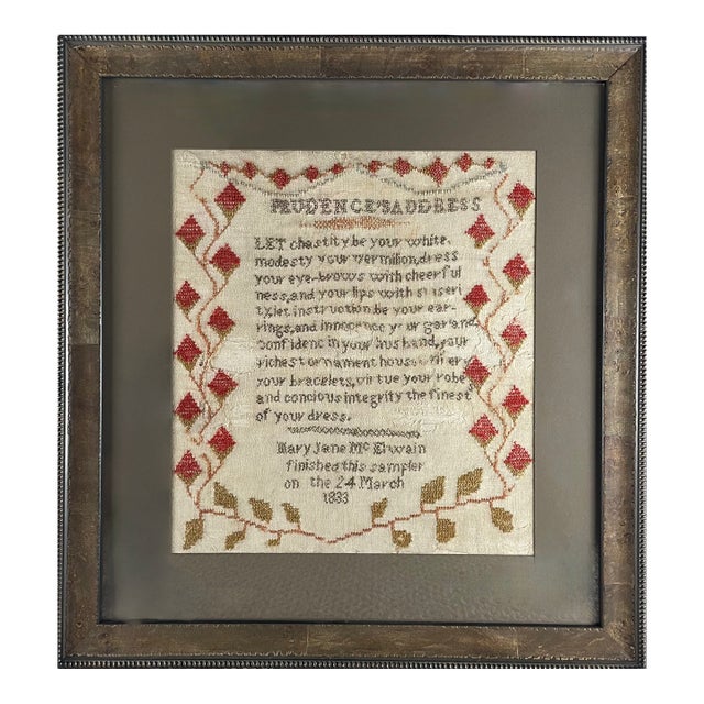 1830 Linen Embroidery Sampler, "Prudence's Address" For Sale