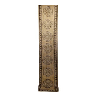 Vintage Turkish Oushak Runner, Hand-Knotted Wool Pile, Ivory & Green, 3' x 11' For Sale
