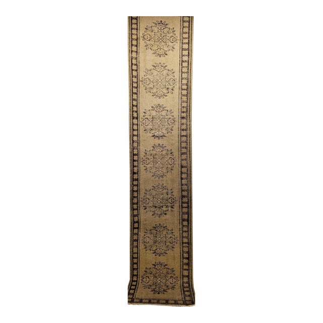 Vintage Turkish Oushak Runner, Hand-Knotted Wool Pile, Ivory & Green, 3' x 11' For Sale
