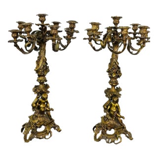 Pair of Louis XVI Style Gilt Bronze Candelabra, Cherub Florentine Form For Sale