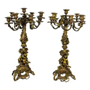 Pair of Louis XVI Style Gilt Bronze Candelabra, Cherub Florentine Form