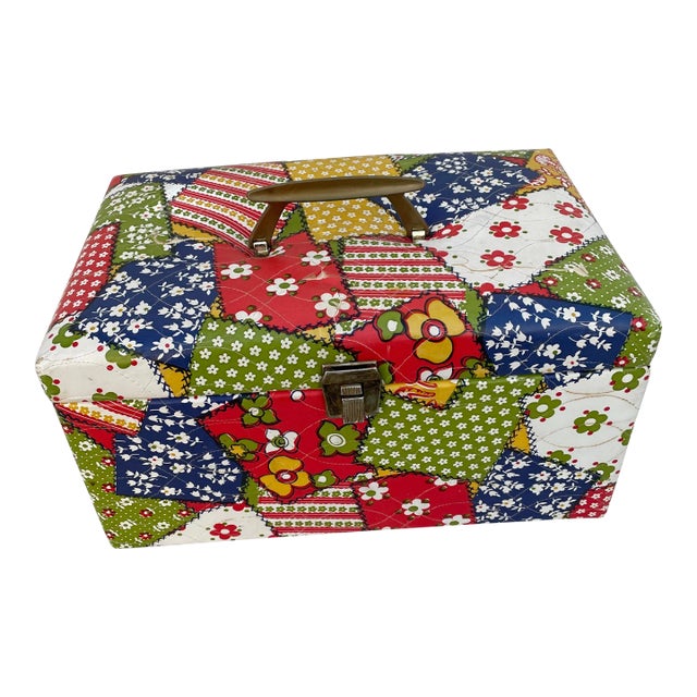 Vintage 1970s Faux Patchwork Sewing Box For Sale