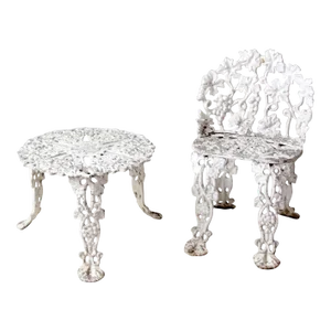 Vintage White Cast Aluminum Garden Chair and Table Set