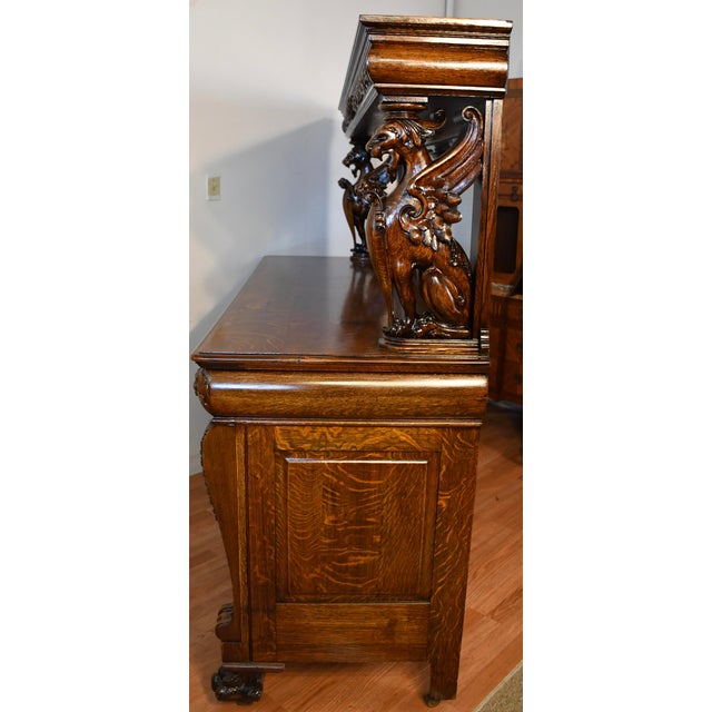 1890s Antique Rj Horner Tiger Oak Carved Winged Griffin Server Buffet Sideboard For Sale - Image 16 of 17