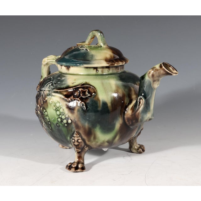 Mid 18th Century Mid 18th Century Whieldon-Type Creamware Tortoiseshell Teapot With Grape Vine Relief and Crabstock Handle, Staffordshire For Sale - Image 5 of 14