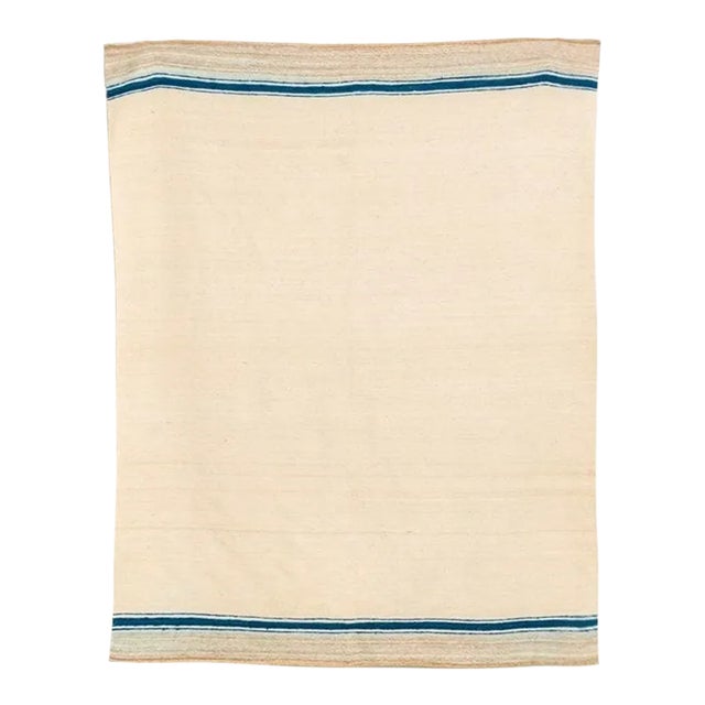 Vintage Moroccan Beige & Blue Striped Wool Kilim Floor Rug or Blanket, 5'10'' X 7’4'' For Sale