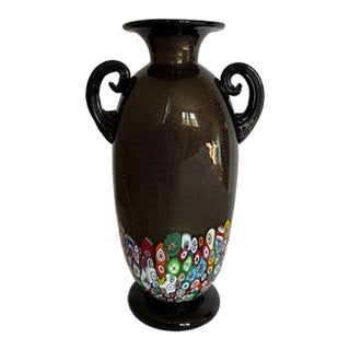 Signed Gambaro & Poggi Murano Millefiori Aventurine Art Glass Vase With Scroll Handles For Sale