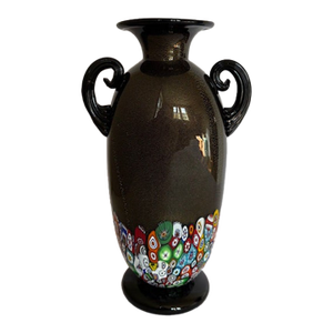 Signed Gambaro & Poggi Murano Millefiori Aventurine Art Glass Vase With Scroll Handles