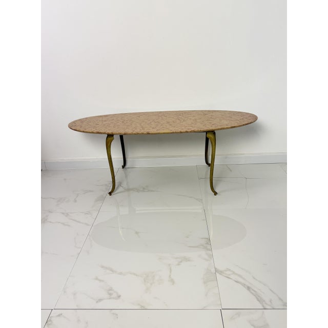 Metal Oval Brass Coffee Table with Marble Top, 1950s For Sale - Image 7 of 13