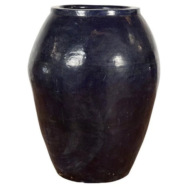Vintage Oversized Thai Midnight Blue Glazed Water Vessel with Tapering Lines For Sale - Image 13 of 13
