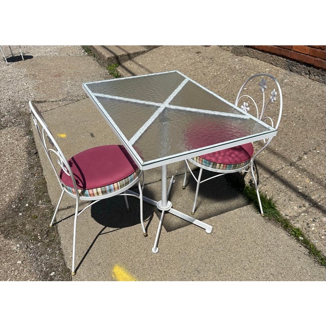 Vintage Floral White Iron Bistro Table & 2 Chairs For Sale - Image 4 of 6