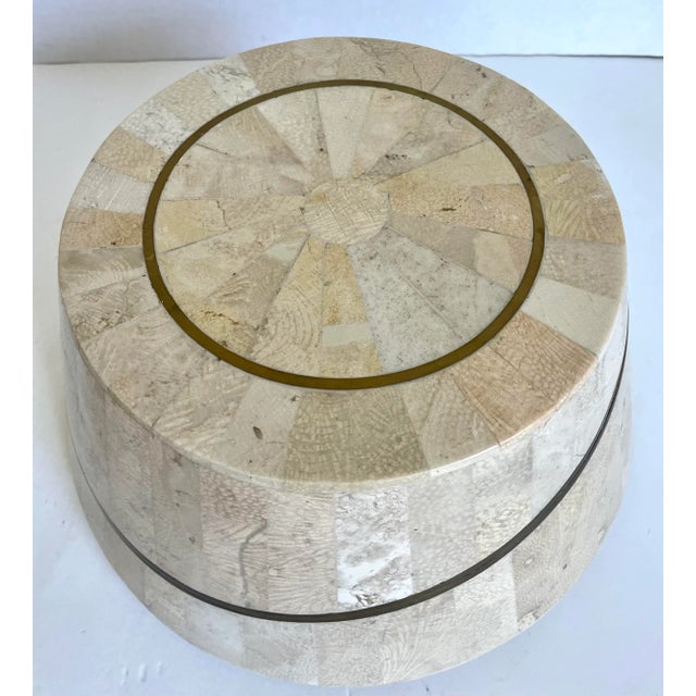 Maitland - Smith Modern Round Tessellated Travertine Stone and Brass Box With Slanted Lid For Sale - Image 4 of 11