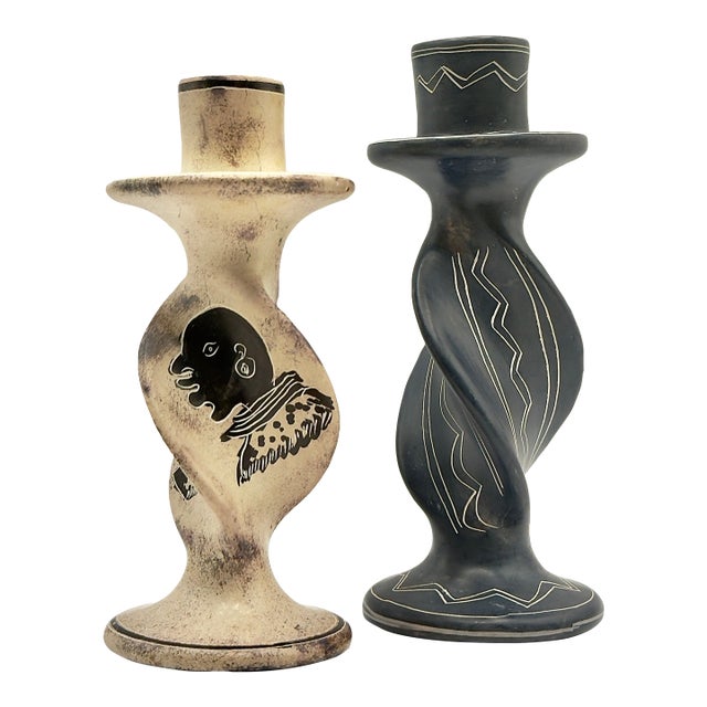 Pair of Vintage Twisted Soapstone Candlestick Holders – Tribal & Southwestern Inspired For Sale