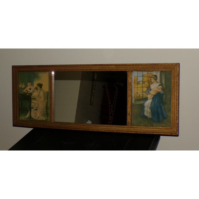 Vintage Gold Gilt Framed Mirror Two Prints Antique Tryptic Tripart Wall Mirror For Sale - Image 4 of 12