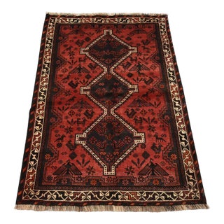 Shiraz Rug 3’6′ X 5′ Red Wool Vintage Tribal Hand-Knotted Oriental Carpet For Sale