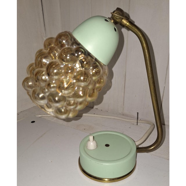 Mid-Century Bedside Lamps with Blue-Green Lacquered Metal Frames, Brass Archs and Amber Bubble Glass Shades, 1960s, Set of 2 For Sale - Image 10 of 12