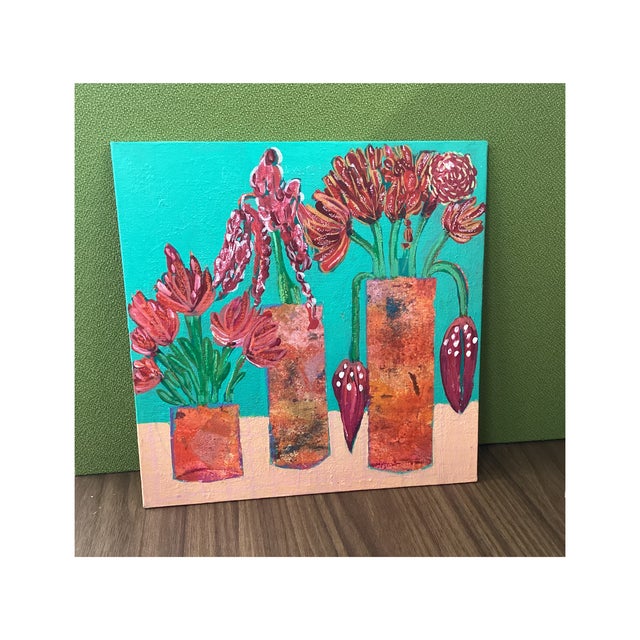 Contemporary Folk Art Abstract Floral Vase Painting Teal Coral Mid Century Modern Wall Art 8x8 For Sale - Image 3 of 4