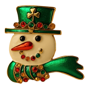 Vintage Enamel Snowman Brooch With Rhinestones and Shamrock Hat