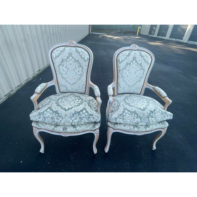 Textile Pair of Vintage French-Style Bergère Armchairs For Sale - Image 7 of 11