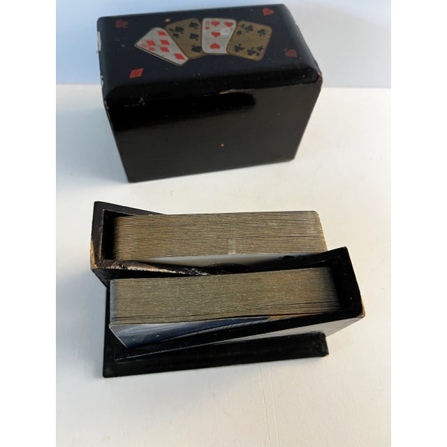 Wonderful mid-century wooden playing card box holding two vintage decks of cards. One set is New York Central System train...