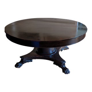 Mid 19th Century Antique Hand Carved Mahogany Center Pedestal Dining Table With Lion Claw Feet! For Sale