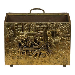 Vintage Traditional English Brass Repousse Magazine Rack Record Stand Caddy For Sale