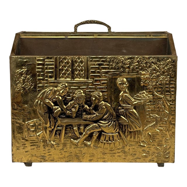 Vintage Traditional English Brass Repousse Magazine Rack Record Stand Caddy For Sale