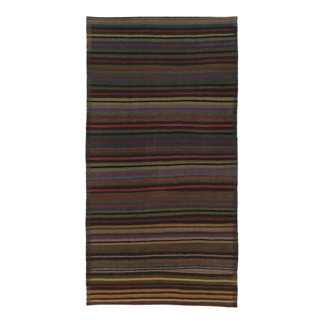 Vintage Persian Kilim, Playful Stripes Over Forest Green Tones - Rug & Kilim For Sale