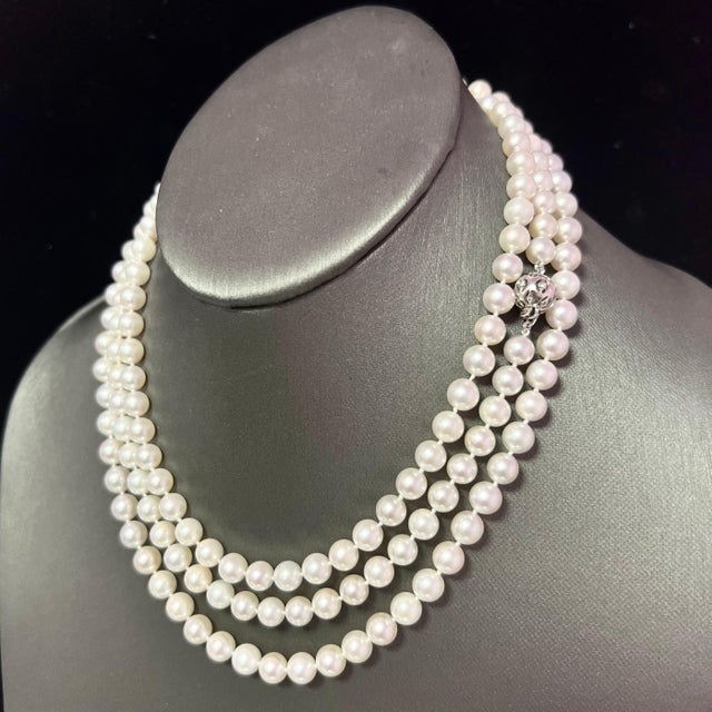 White Natural Akoya Pearl Diamond Necklace 49" 18k White Gold 7 mm Certified For Sale - Image 8 of 13