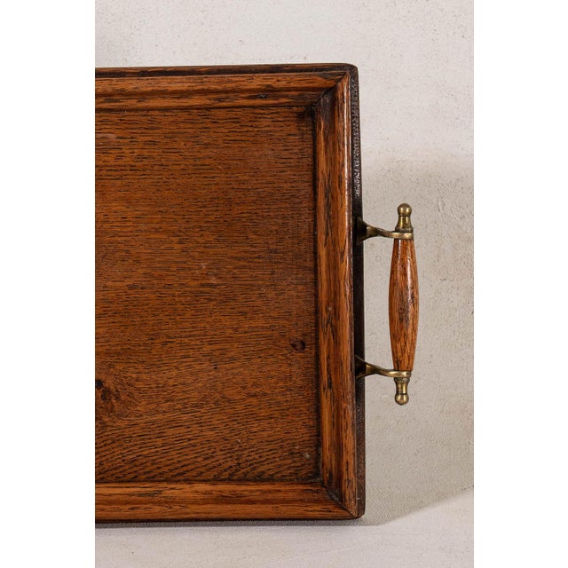 Vintage English Oak Handled Tray With Brass Details For Sale - Image 4 of 5