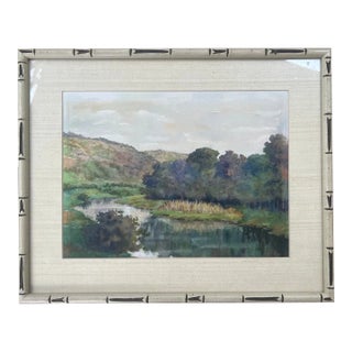 Watercolor Landscape River Painting in Faux Bamboo Frame For Sale
