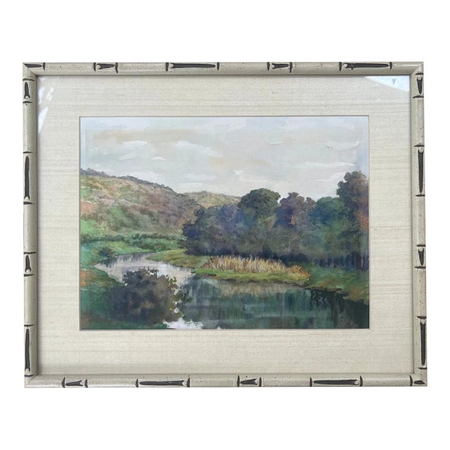Watercolor Landscape River Painting in Faux Bamboo Frame For Sale