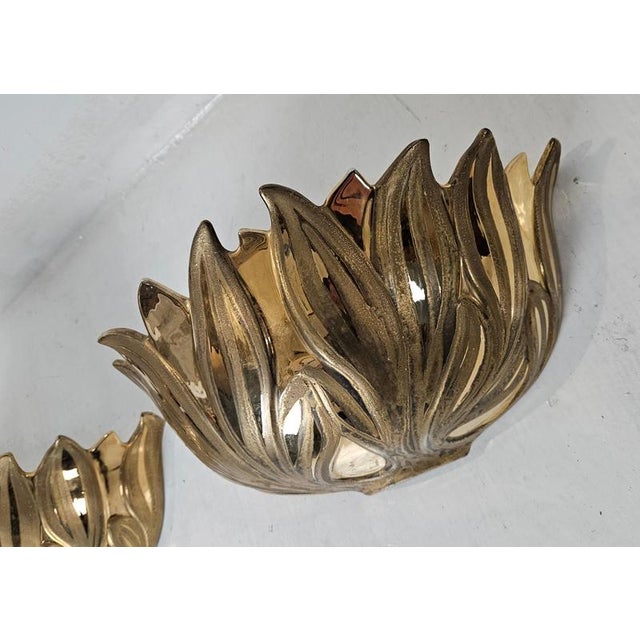 Italian Gilt Metal Lotus Flower Wall Sconces, 1980s, Set of 2 For Sale - Image 12 of 13