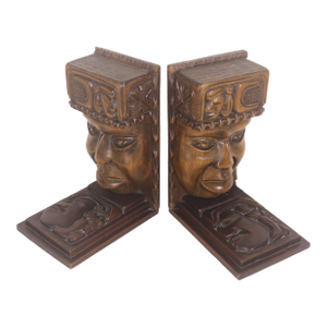 Vintage Carved Wood Aztec Tiki Totem Bookends Sculpture- a Pair