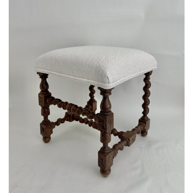 19th C French Louis XIII Style Walnut Stool W/ New Boucle Textile For Sale In Los Angeles - Image 6 of 15