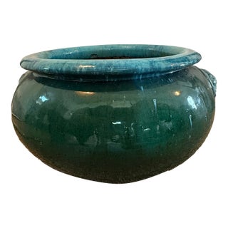 Mid 20th Century Large Chinese Turquoise Glazed Jardiniere With Lion Mask Handles For Sale