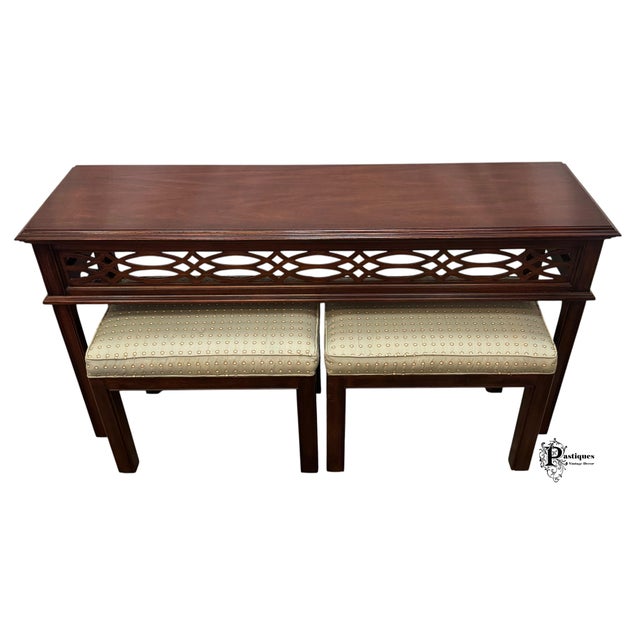 Wood Vintage Henkel Harris Virginia Galleries Collection Chippendale Style Mahogany Console Table & Pair of Upholstered Stools For Sale - Image 7 of 12