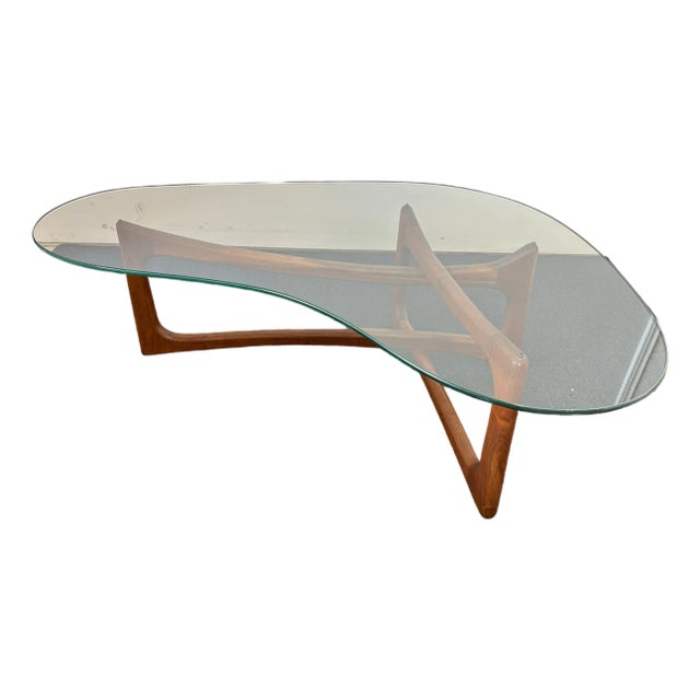 Attributed Vintage Amoeba Coffee Table Walnut Base Glass Top Mid-Century Modern Attributed to Adrian Pearsall For Sale