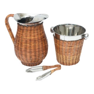 Vintage Coastal Wicker and Stainless Steel Pitcher, Ice Bucket and Thongs Barware Set For Sale